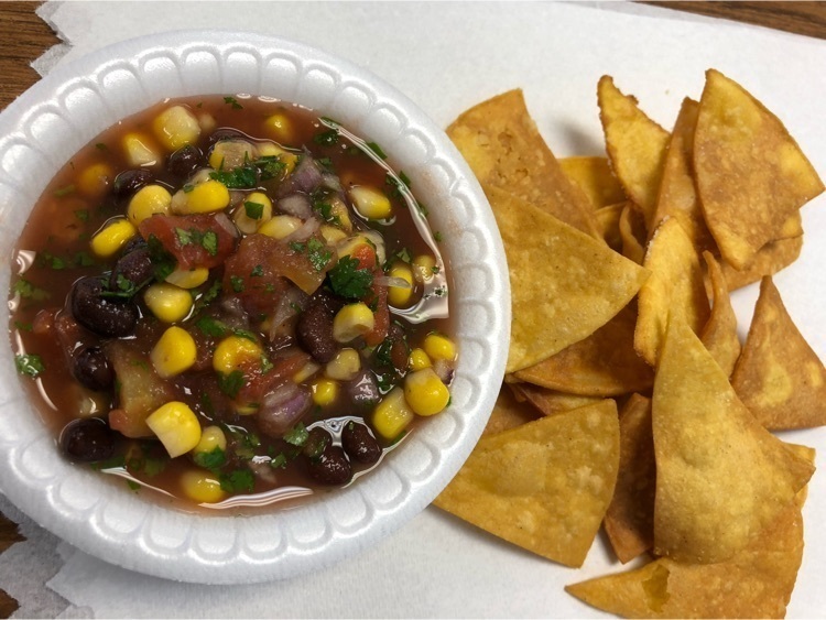 black bean and corn salsa and homemade tortilla chips